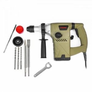 Crown Marteau Piqueur SDS-Plus 1020W hammer drill with 30mm chisel and drill bits set.