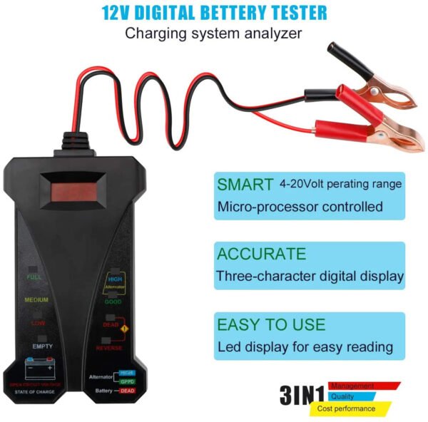 Testeur de batterie numérique 12 V, voltmètre, analyseur de système de charge d'alternateur avec écran LCD