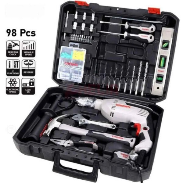 KIT CAISSE OUTILS 98pcs AVEC Perceuse 600W  CROWN | CT10128